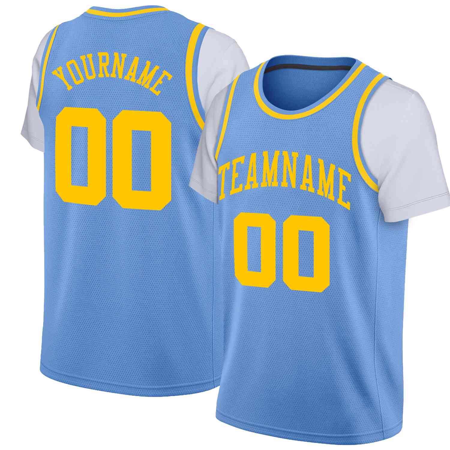 Maillot de basket-ball à fausses manches, personnalisé, bleu clair, jaune, hauts classiques décontractés