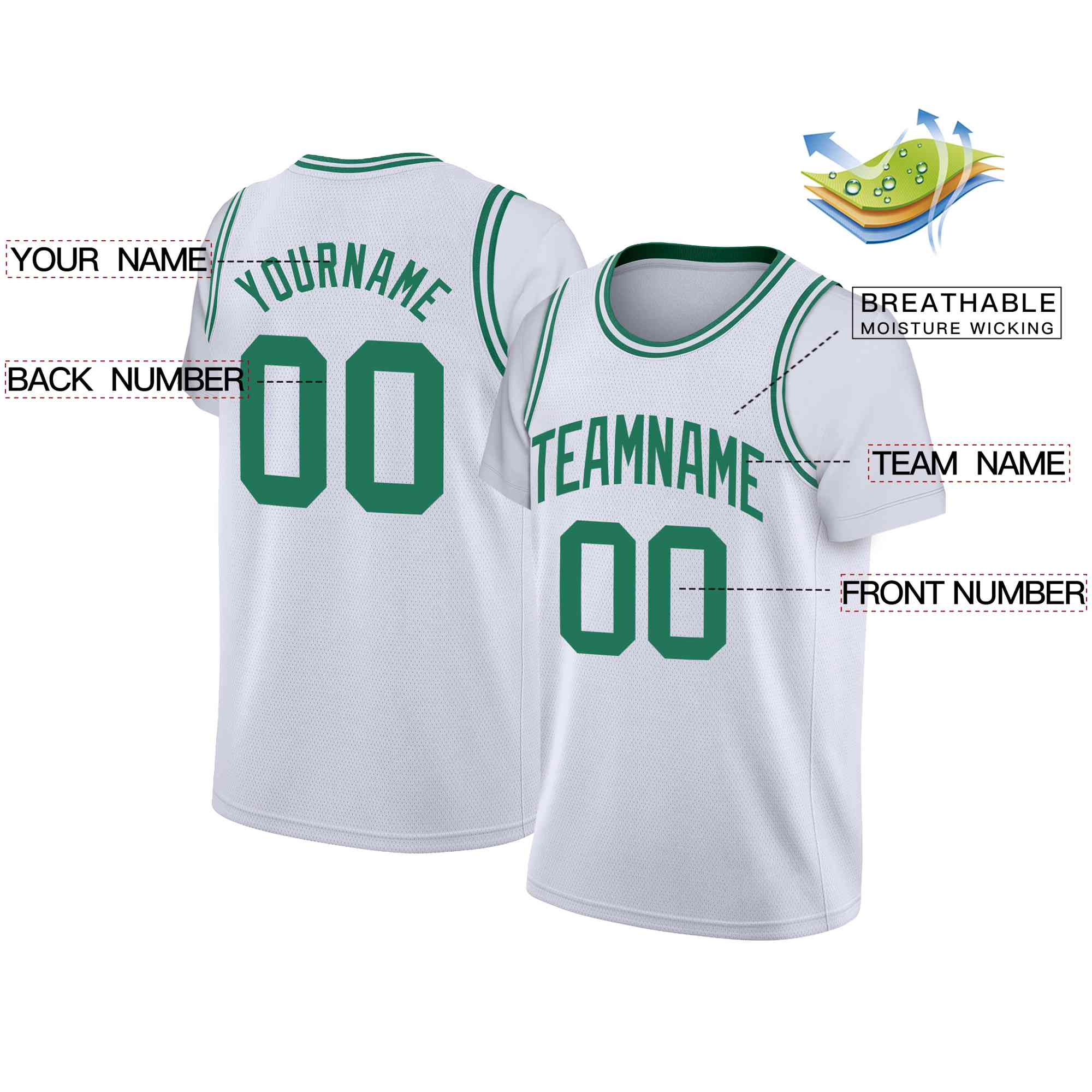 Custom White Green Classic Tops Casual Fake Sleeve Basketball Jersey