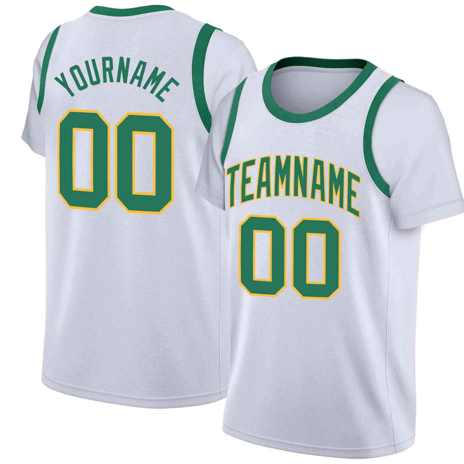 Maillot de basket-ball à fausses manches, haut classique personnalisé, blanc, vert-jaune, décontracté