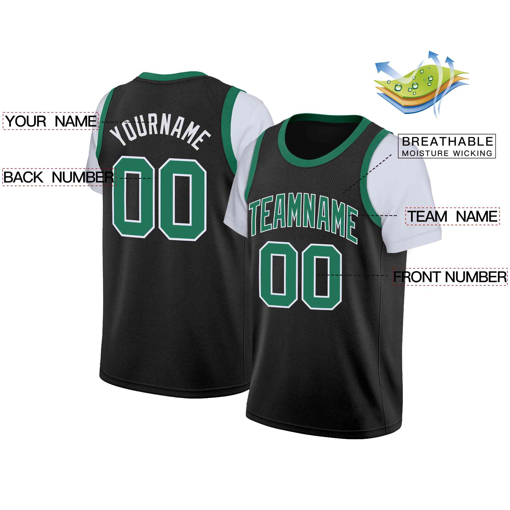 Custom Black Green-White Classic Tops Casual Fake Sleeve Basketball Jersey