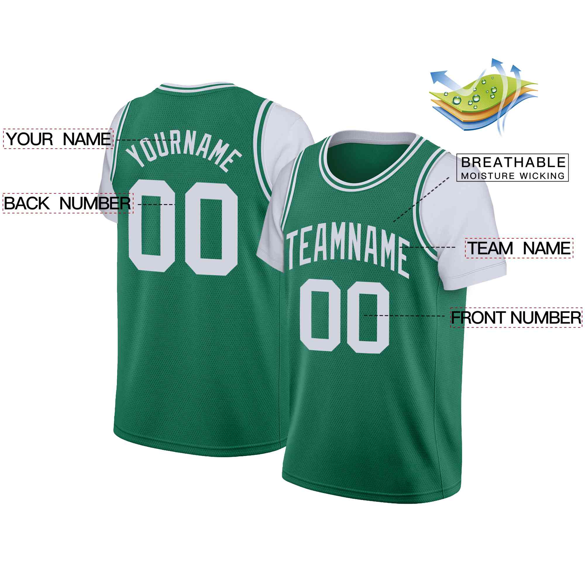 Maillot de basket-ball à fausses manches, personnalisé, vert, blanc, classique, décontracté