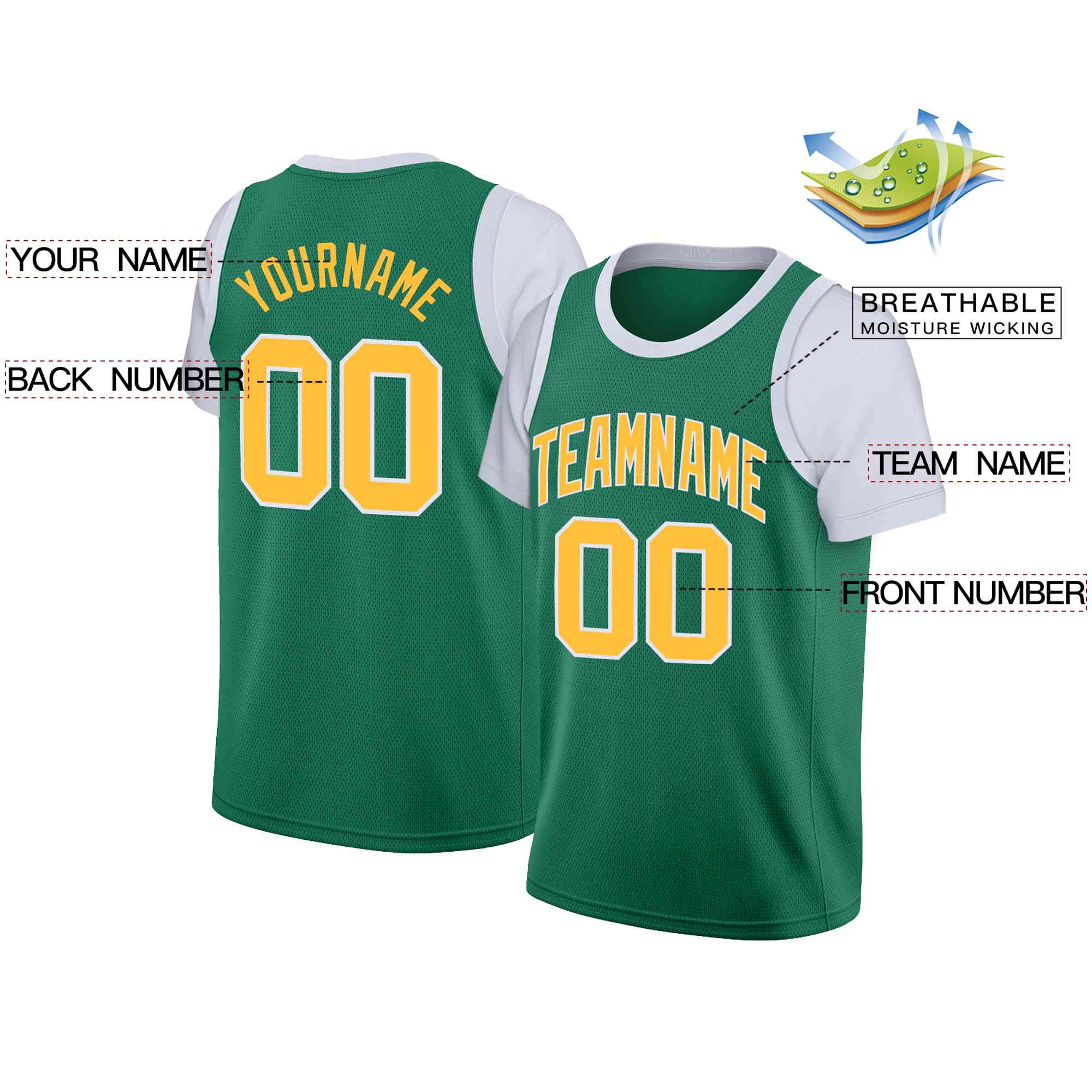 Custom Green Yellow-White Classic Tops Casual Fake Sleeve Basketball Jersey