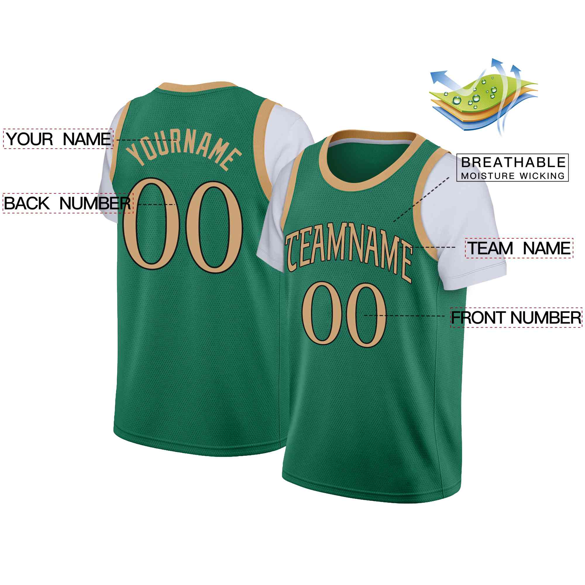 Custom Green Old Gold-Black Classic Tops Casual Fake Sleeve Basketball Jersey