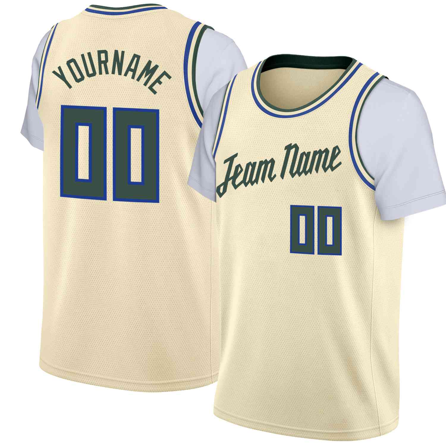 Custom Cream Hunter Green Classic Tops Casual Fake Sleeve Basketball Jersey