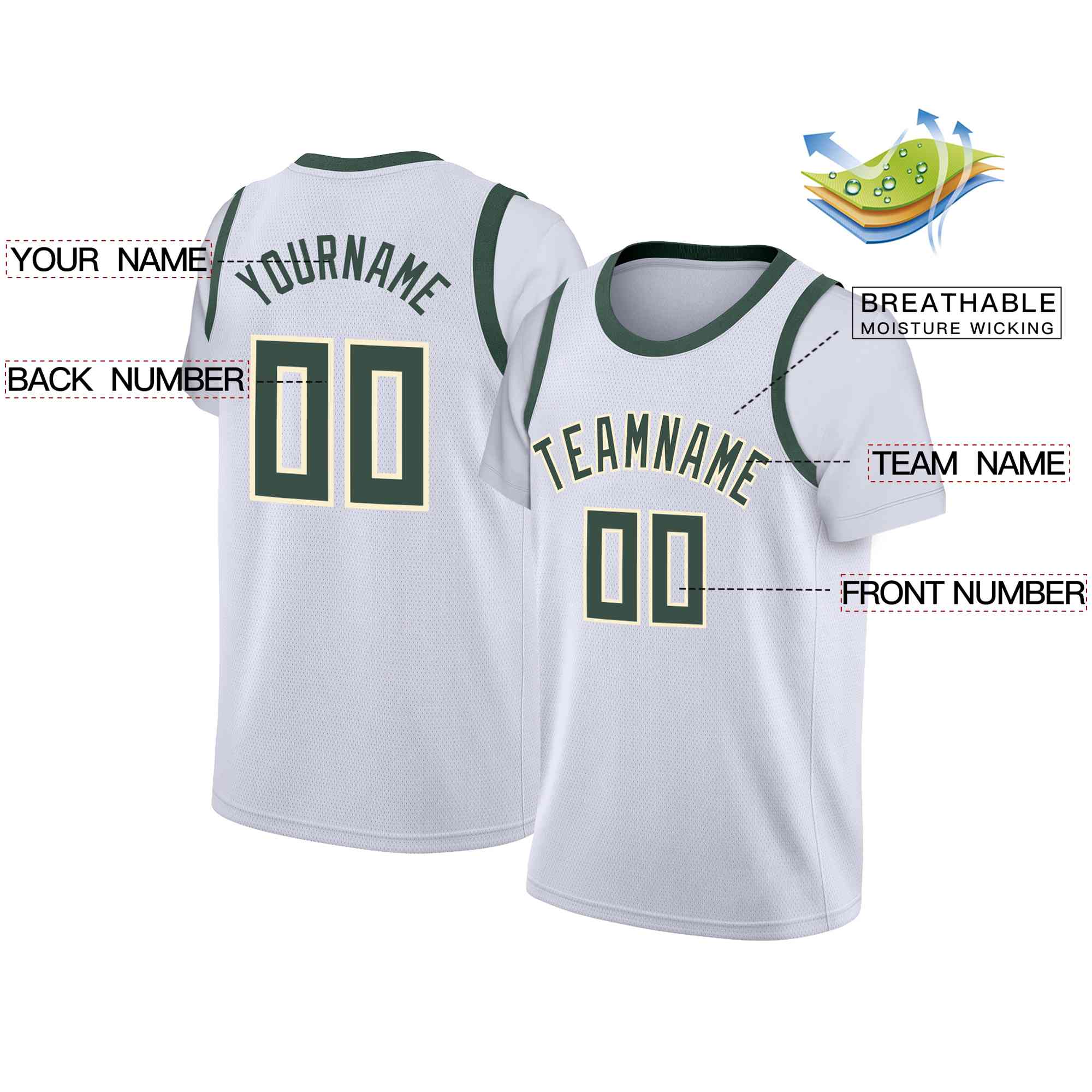 Maillot de basket-ball personnalisé, blanc chasseur vert-crème, hauts classiques décontractés à fausses manches