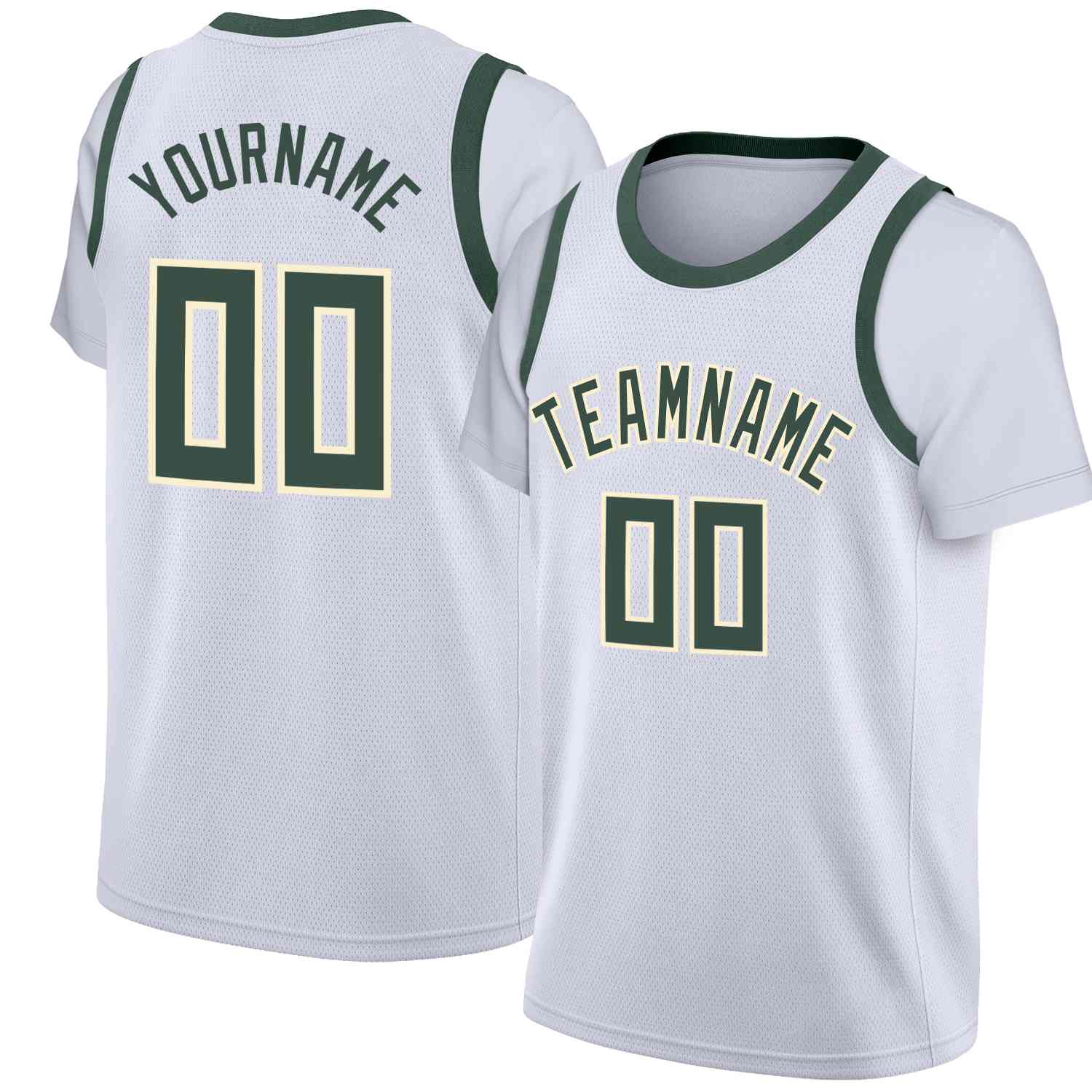 Maillot de basket-ball personnalisé, blanc chasseur vert-crème, hauts classiques décontractés à fausses manches