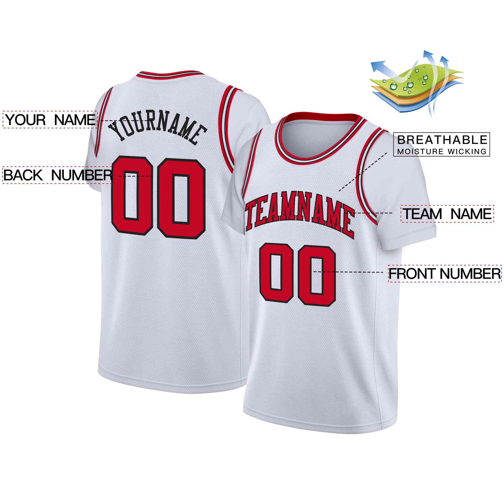 Custom White Red-Black Classic Tops Casual Fake Sleeve Basketball Jersey