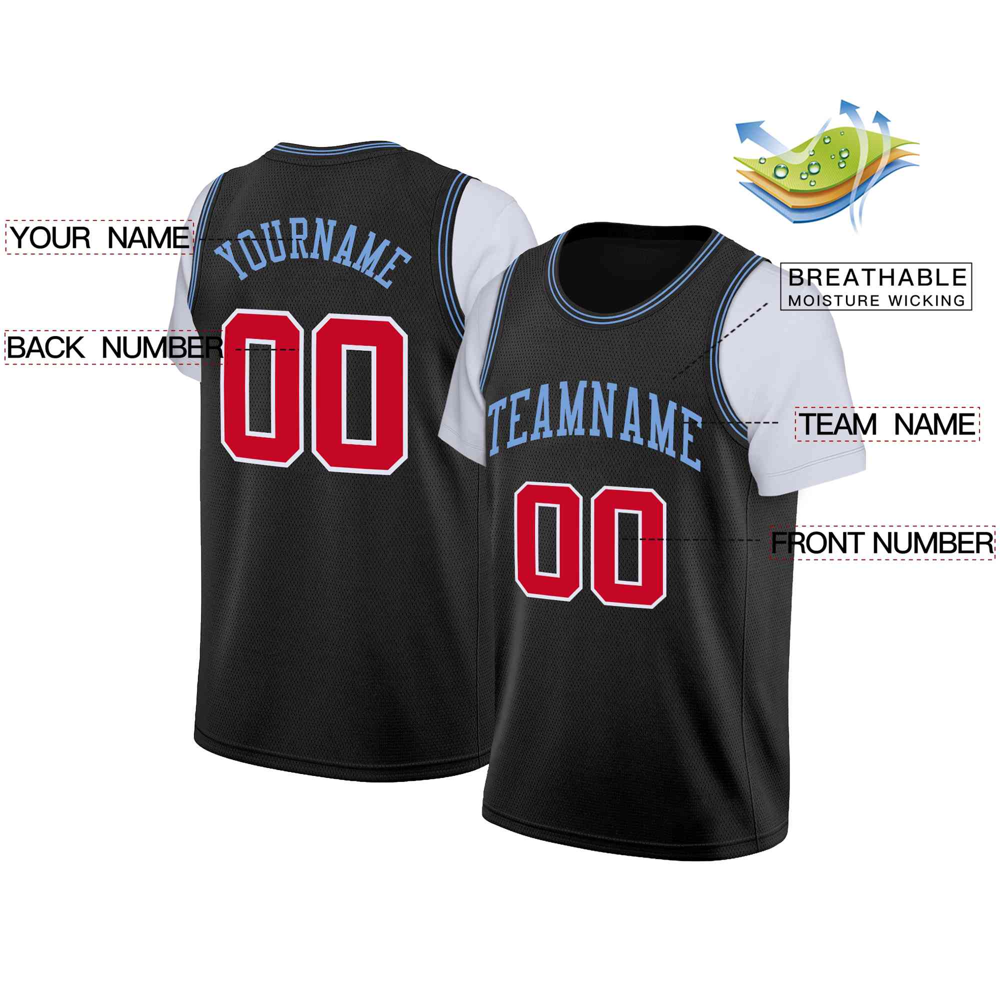 Custom Black Powder Blue Classic Tops Casual Fake Sleeve Basketball Jersey