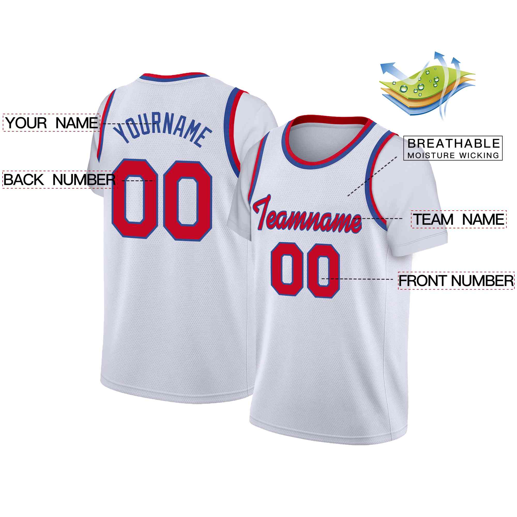 Custom White Red-Blue Classic Tops Casual Fake Sleeve Basketball Jersey