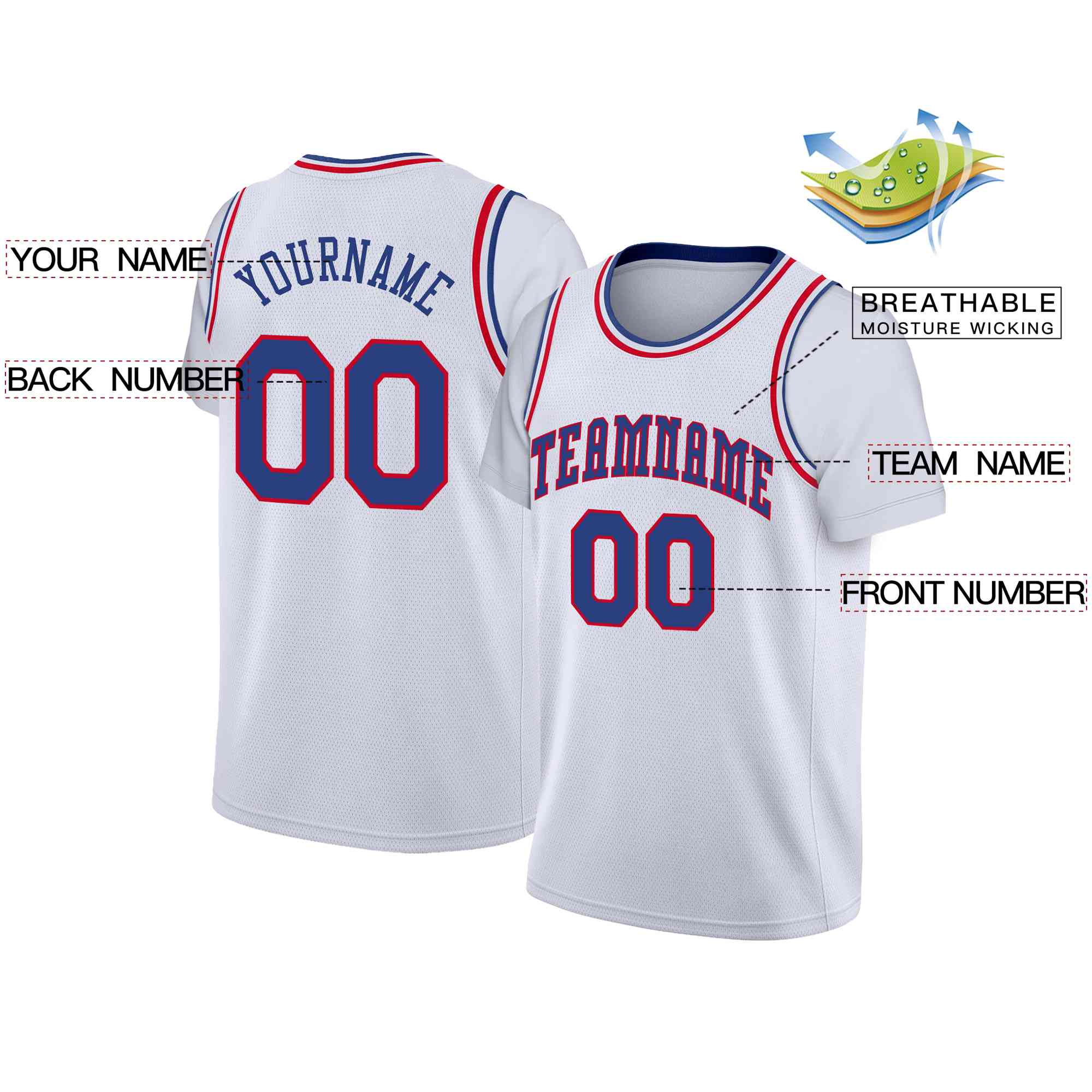 Custom White Blue-Red Classic Tops Casual Fake Sleeve Basketball Jersey