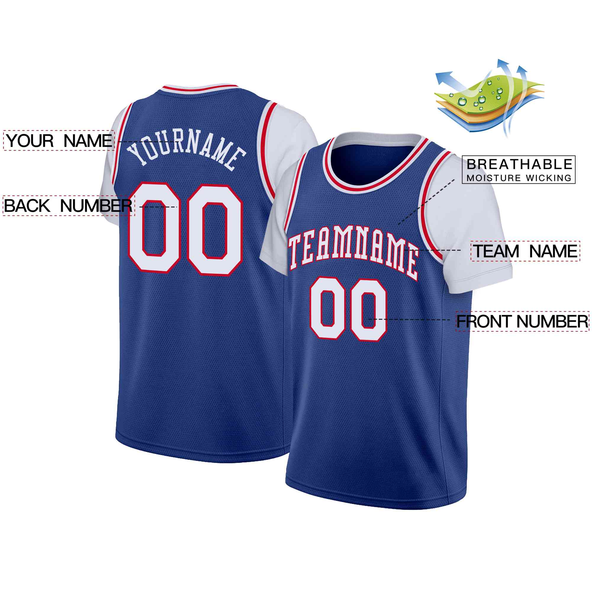 Maillot de basket-ball à fausses manches, haut classique personnalisé bleu blanc-rouge, décontracté