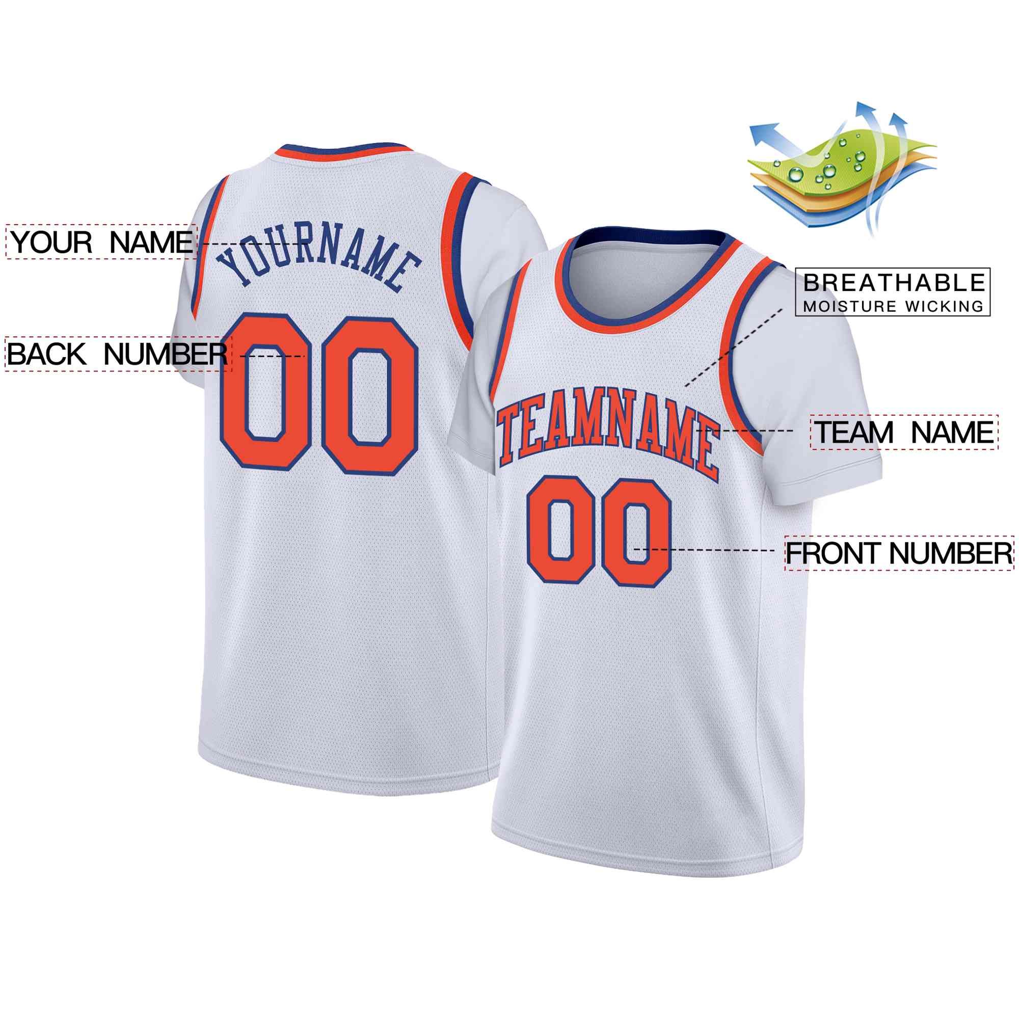 Maillot de basket-ball à fausses manches, haut classique personnalisé, blanc, Orange-bleu, décontracté