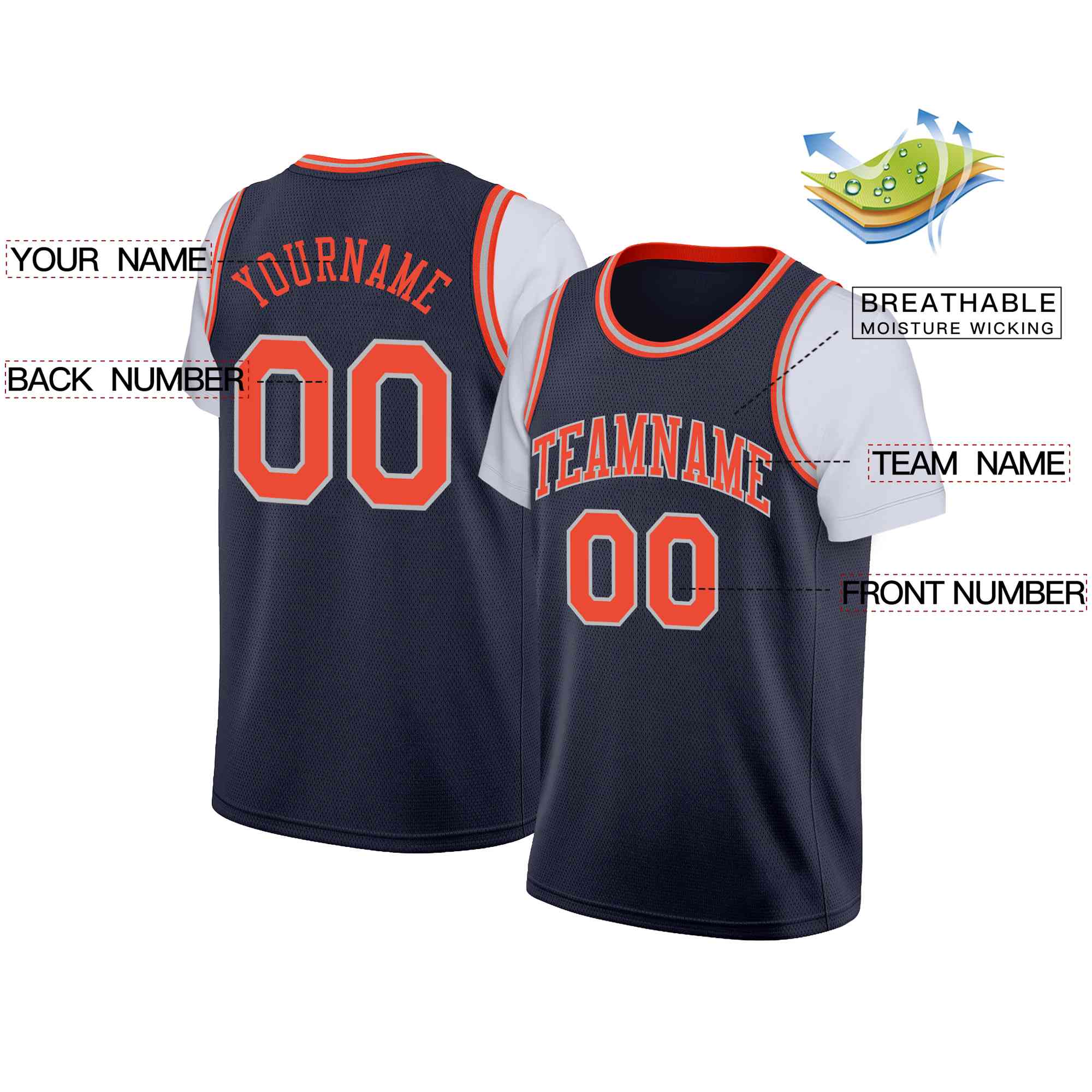 Custom Navy Orange-Gray Classic Tops Casual Fake Sleeve Basketball Jersey