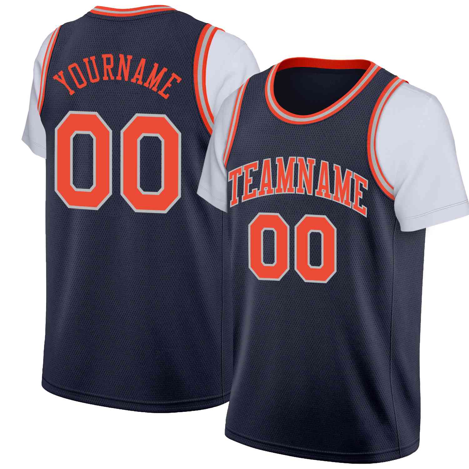 Custom Navy Orange-Gray Classic Tops Casual Fake Sleeve Basketball Jersey