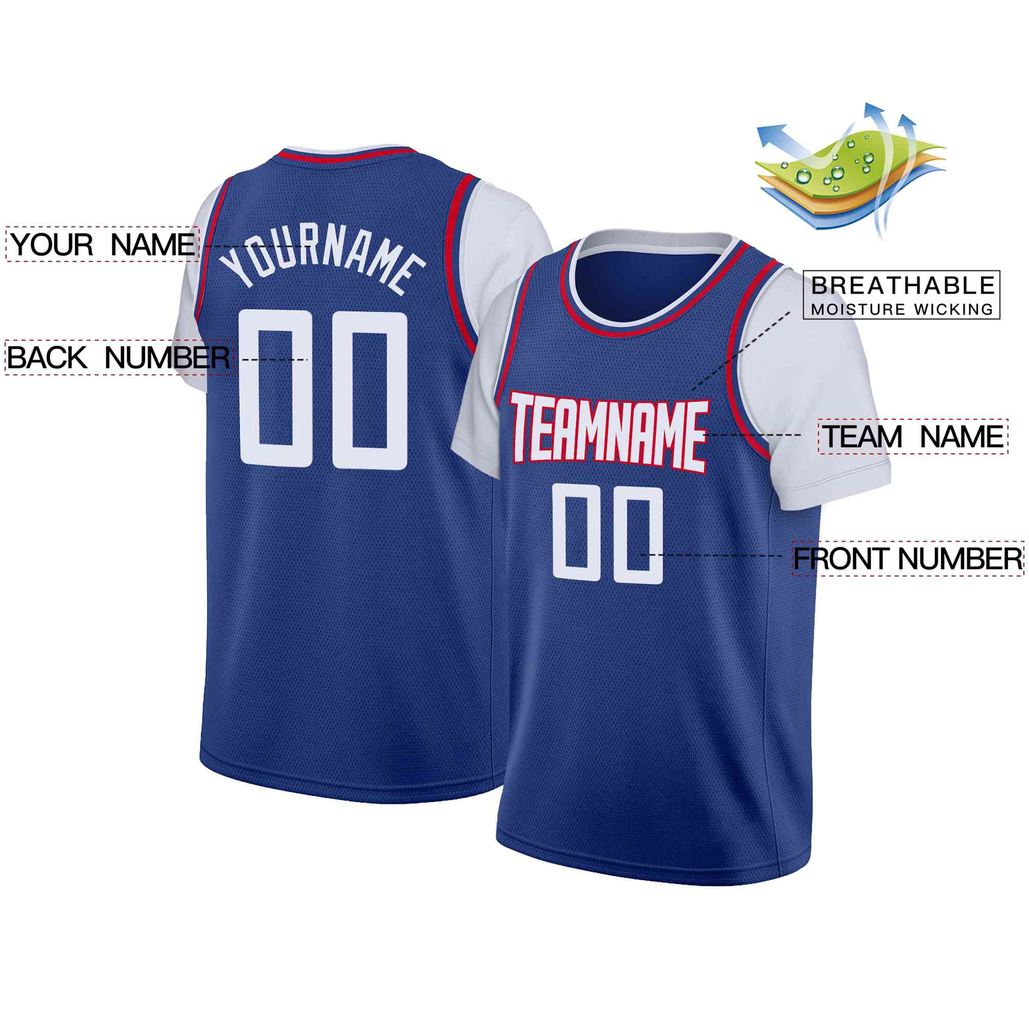 Maillot de basket-ball à fausses manches, haut classique personnalisé bleu blanc-rouge, décontracté