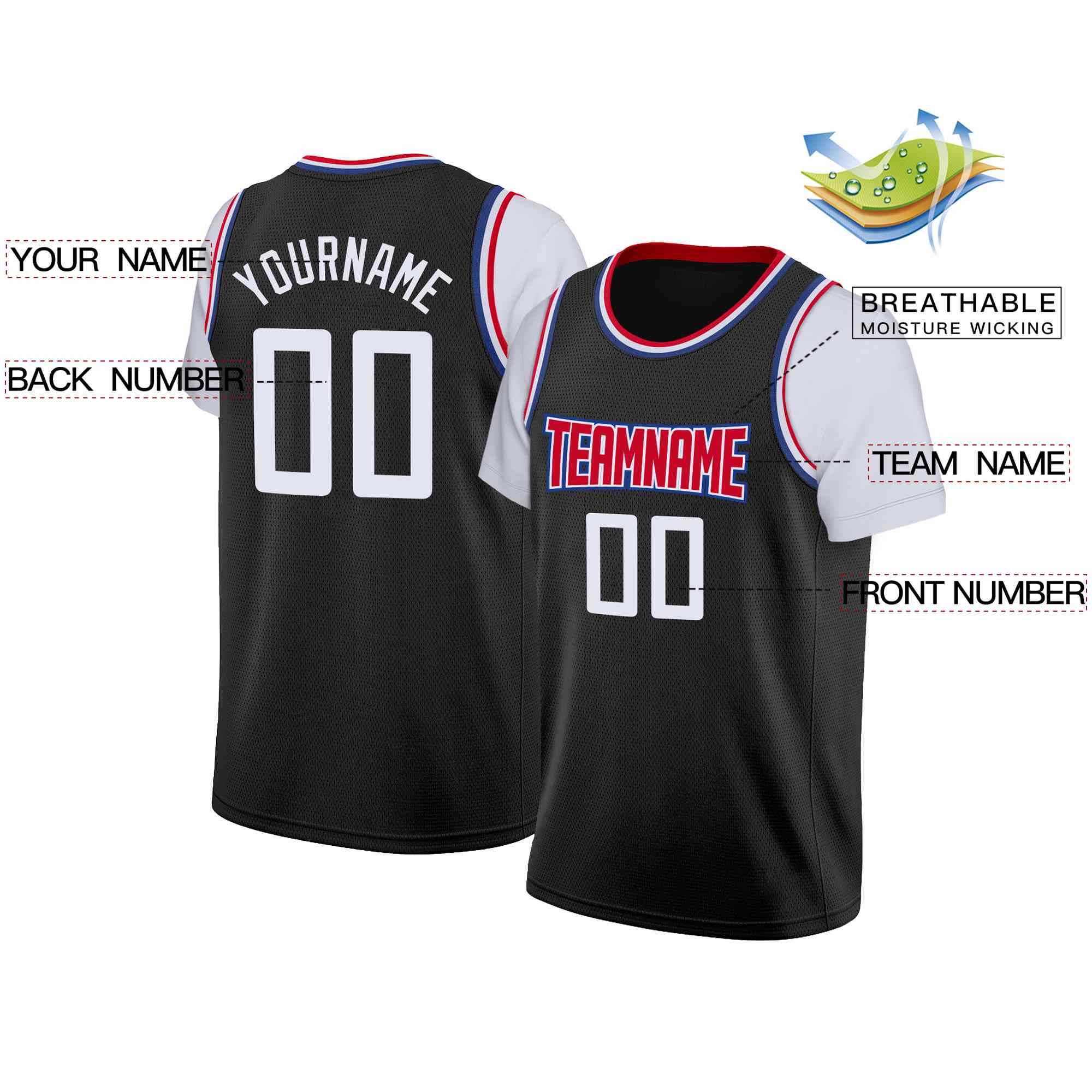 Custom Black Red-White Classic Tops Casual Fake Sleeve Basketball Jersey