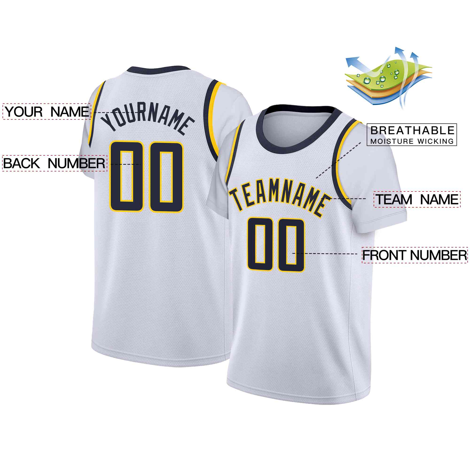 Custom White Navy-Yellow Classic Tops Casual Fake Sleeve Basketball Jersey