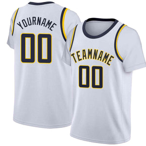 Custom White Navy-Yellow Classic Tops Casual Fake Sleeve Basketball Jersey