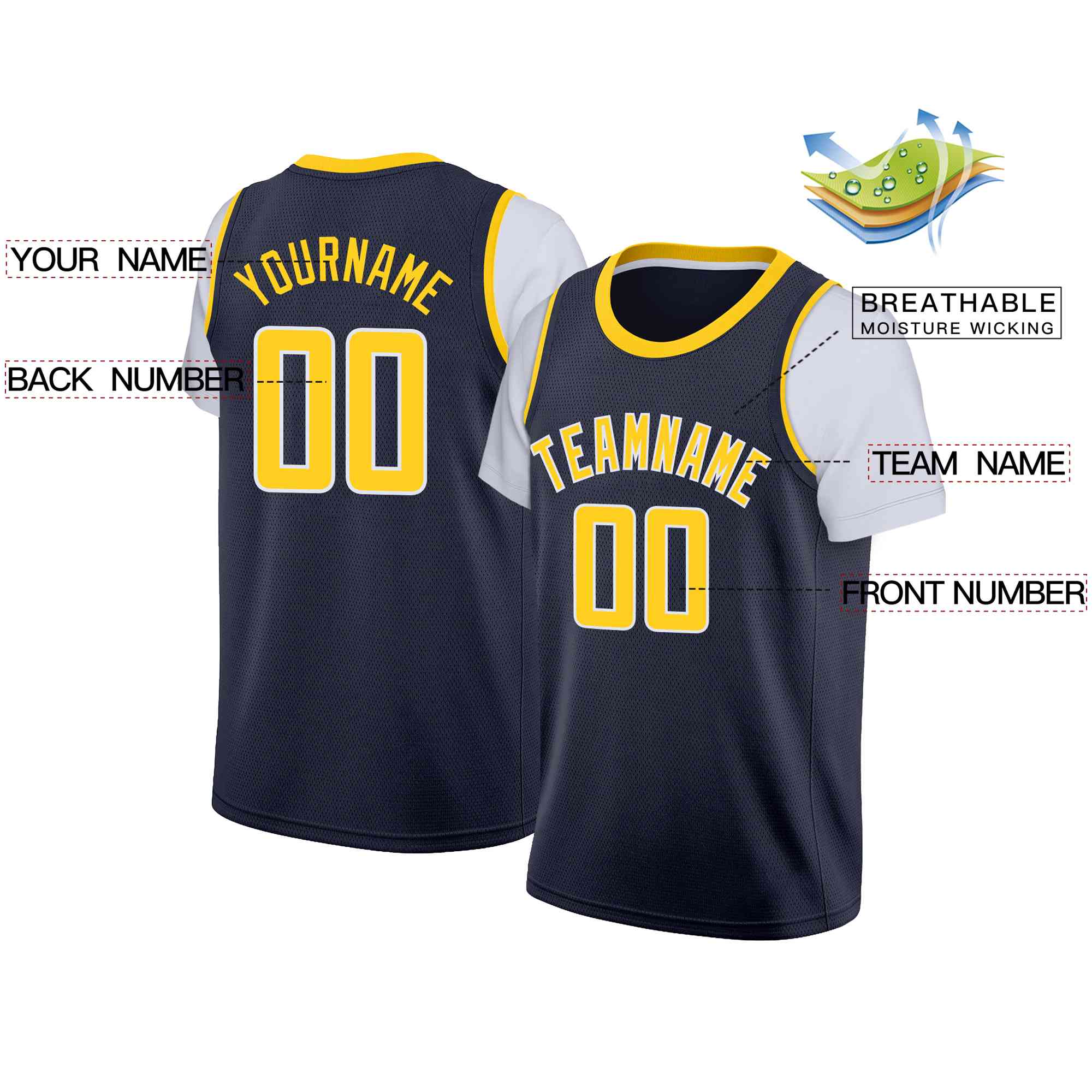 Custom Navy Yellow-White Classic Tops Casual Fake Sleeve Basketball Jersey