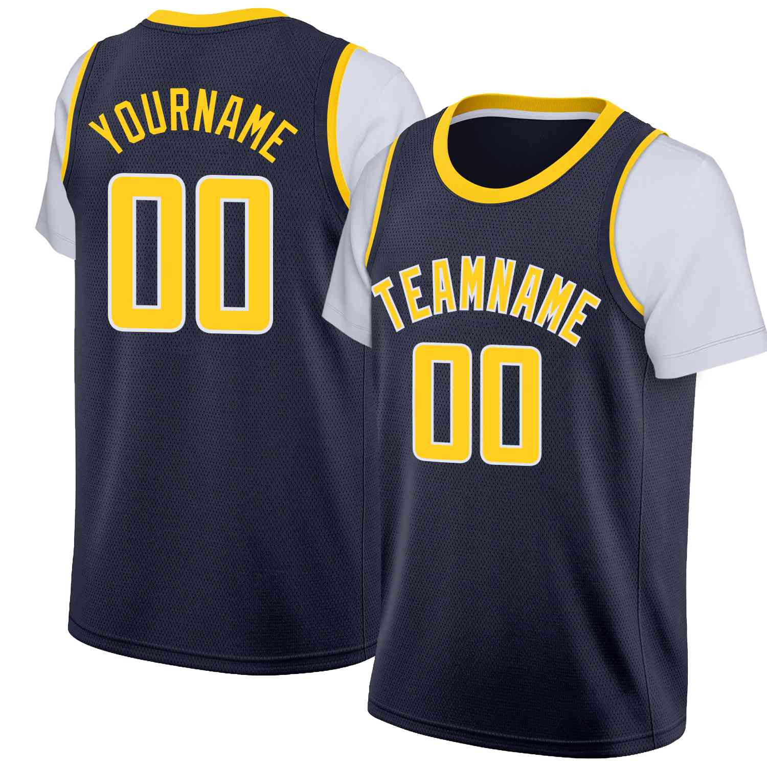 Custom Navy Yellow-White Classic Tops Casual Fake Sleeve Basketball Jersey