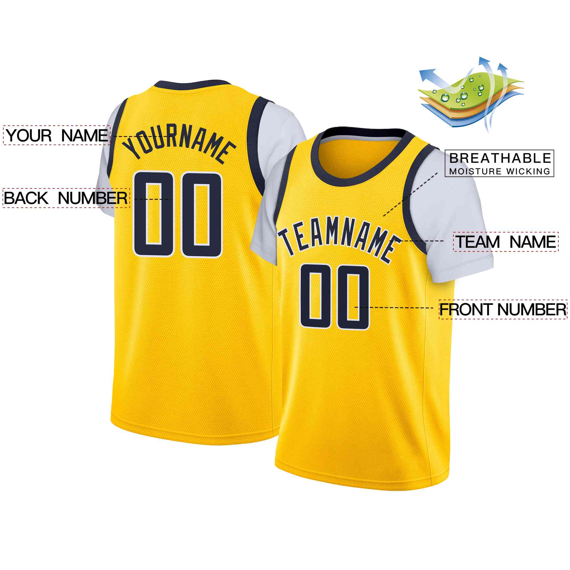 Custom Yellow Navy-White Classic Tops Casual Fake Sleeve Basketball Jersey