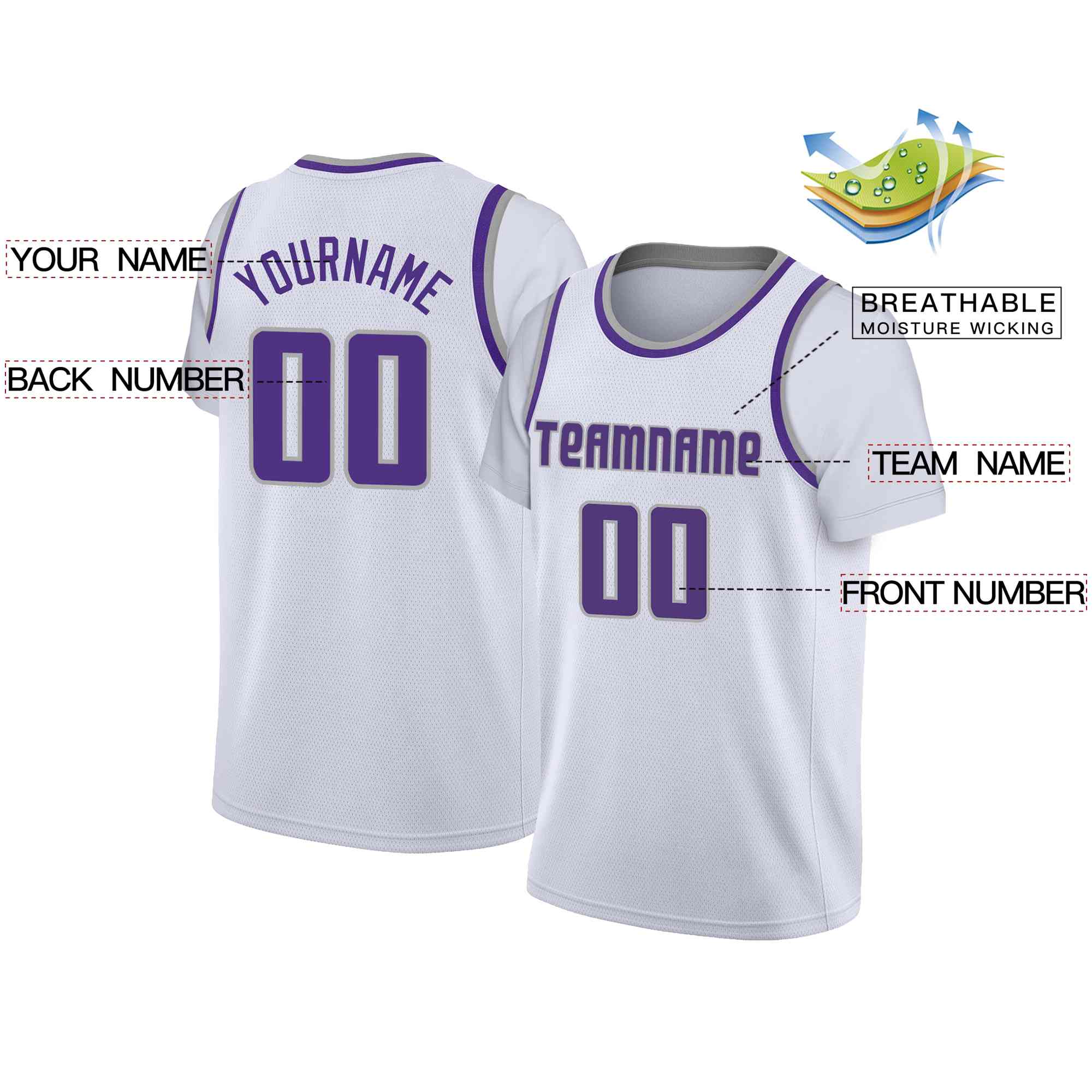 Custom White Purple-Gray Classic Tops Casual Fake Sleeve Basketball Jersey