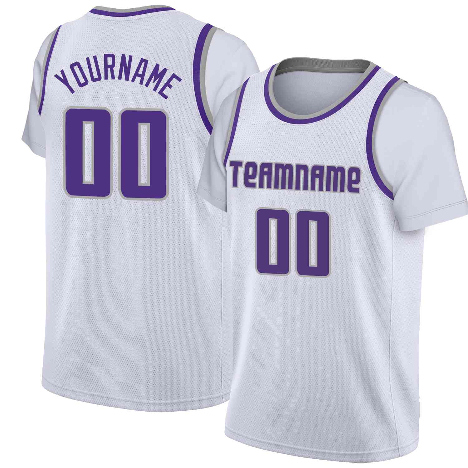 Maillot de basket-ball à fausses manches, haut classique personnalisé, blanc, violet-gris, décontracté