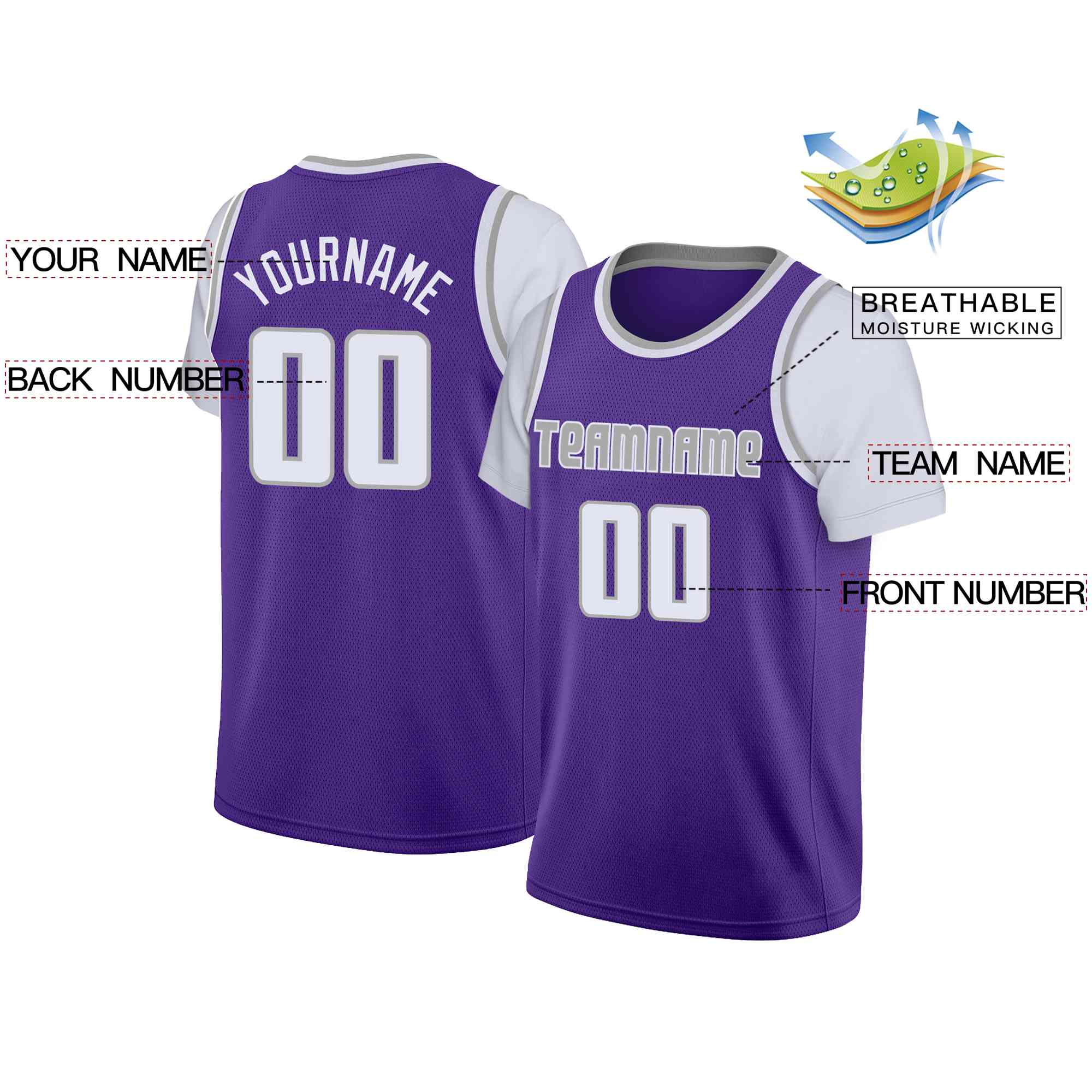 Maillot de basket-ball à fausses manches, personnalisé, violet, gris-blanc, hauts classiques décontractés