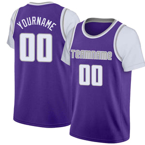 Maillot de basket-ball à fausses manches, personnalisé, violet, gris-blanc, hauts classiques décontractés