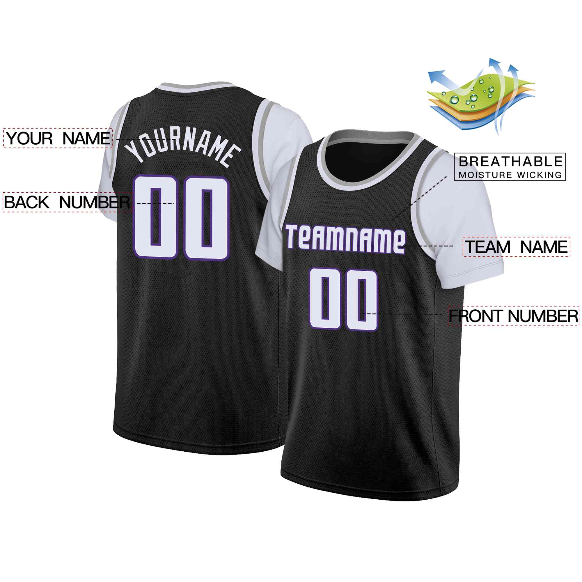 Custom Black White-Purple Classic Tops Casual Fake Sleeve Basketball Jersey