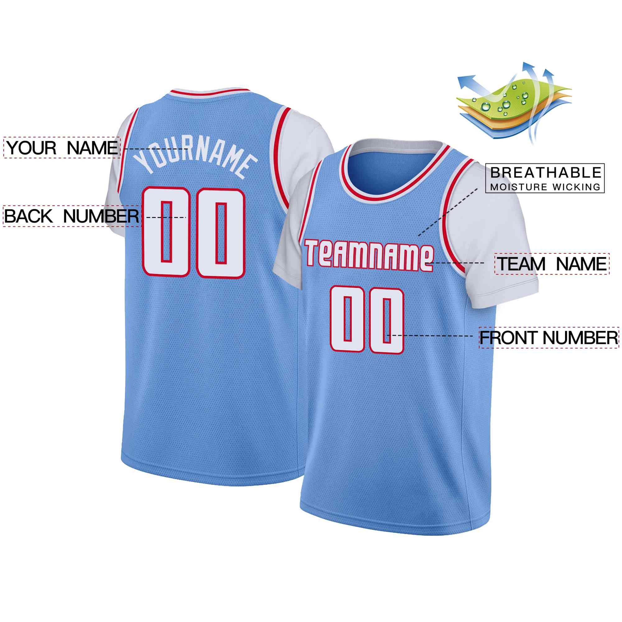 Custom Light Blue White-Red Classic Tops Casual Fake Sleeve Basketball Jersey