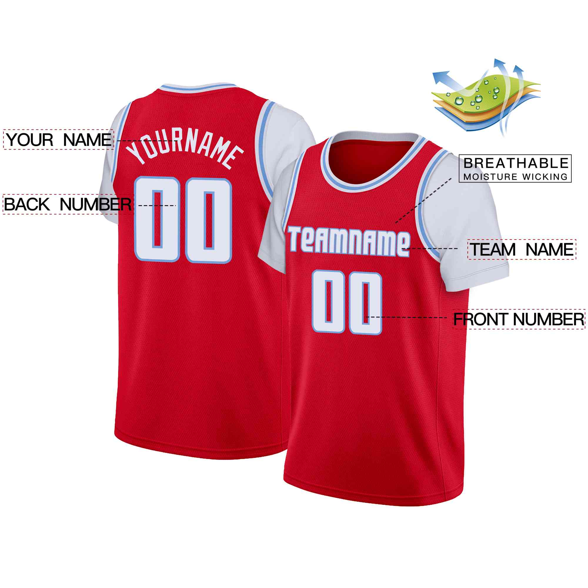 Custom Red White-Light Blue Classic Tops Casual Fake Sleeve Basketball Jersey