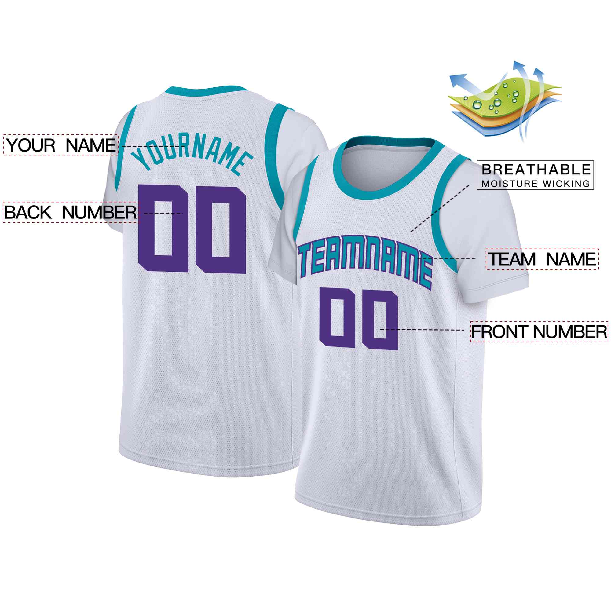 Custom White Light Blue-Purple Classic Tops Casual Fake Sleeve Basketball Jersey