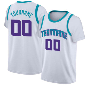 Maillot de basket-ball à fausses manches, personnalisé, blanc, bleu clair-violet, hauts classiques décontractés