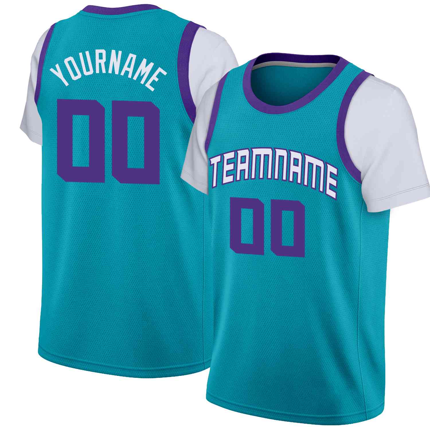 Custom Teal White-Purple Classic Tops Casual Fake Sleeve Basketball Jersey