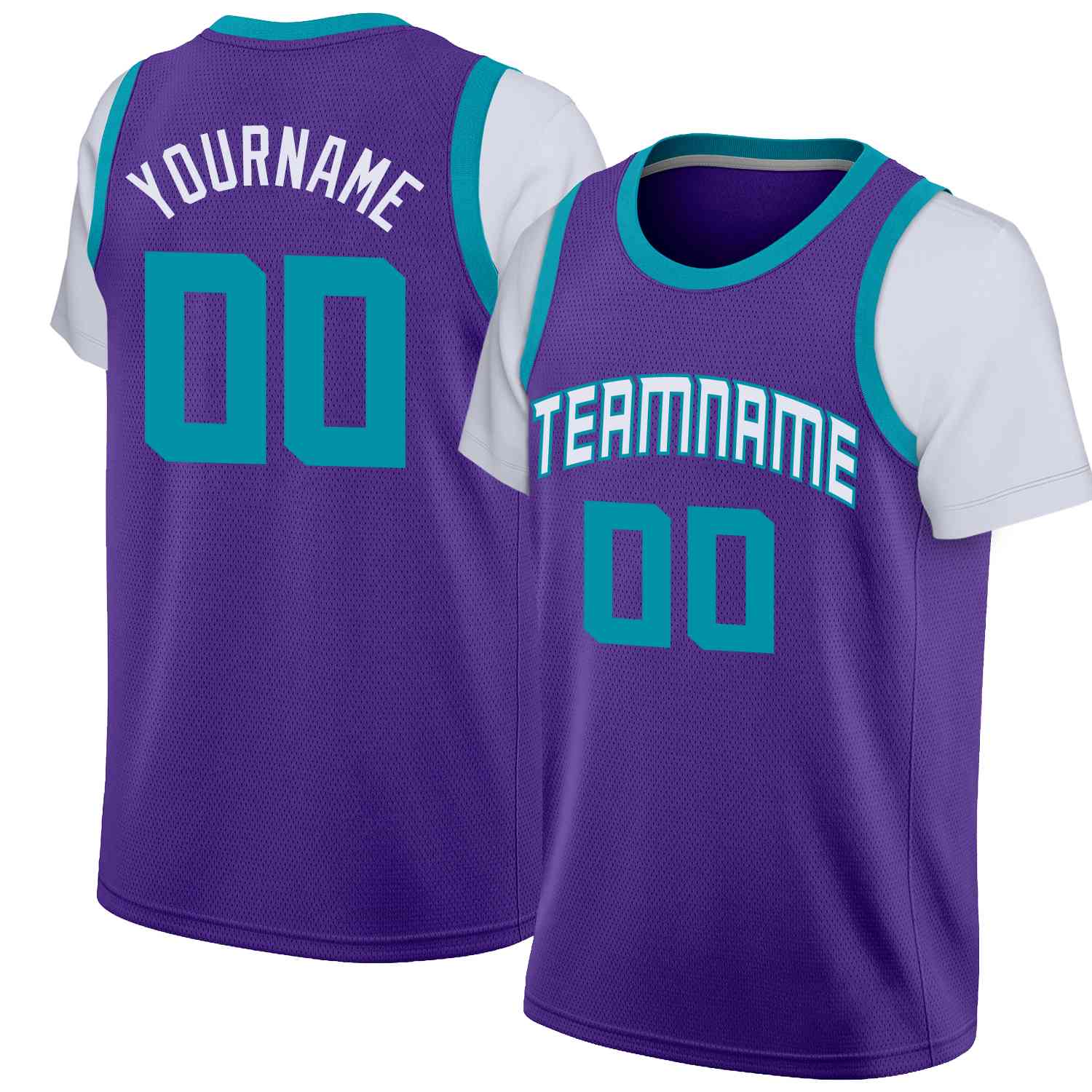 Custom Purple White-Teal Classic Tops Casual Fake Sleeve Basketball Jersey