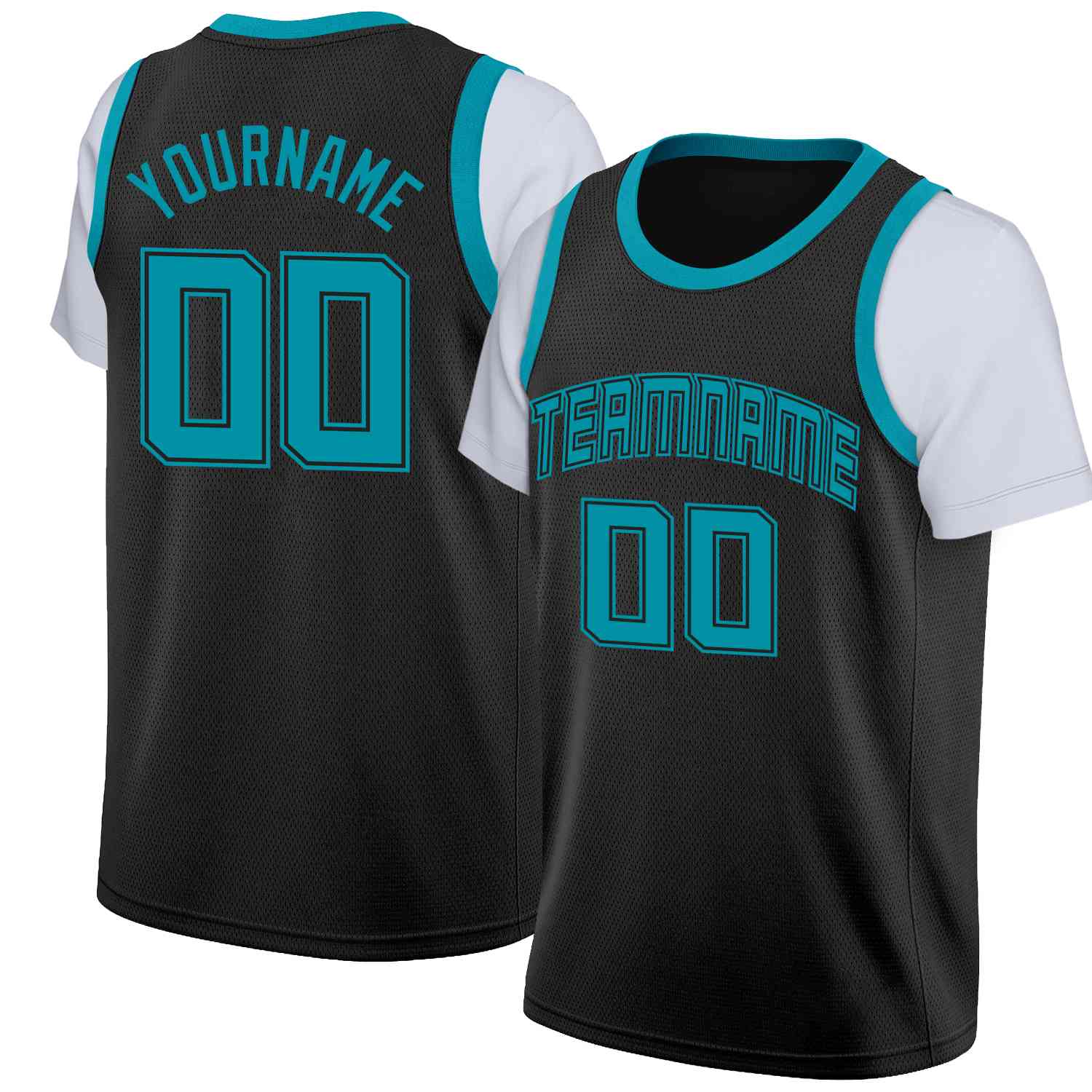 Custom Black Teal-Black Classic Tops Casual Fake Sleeve Basketball Jersey