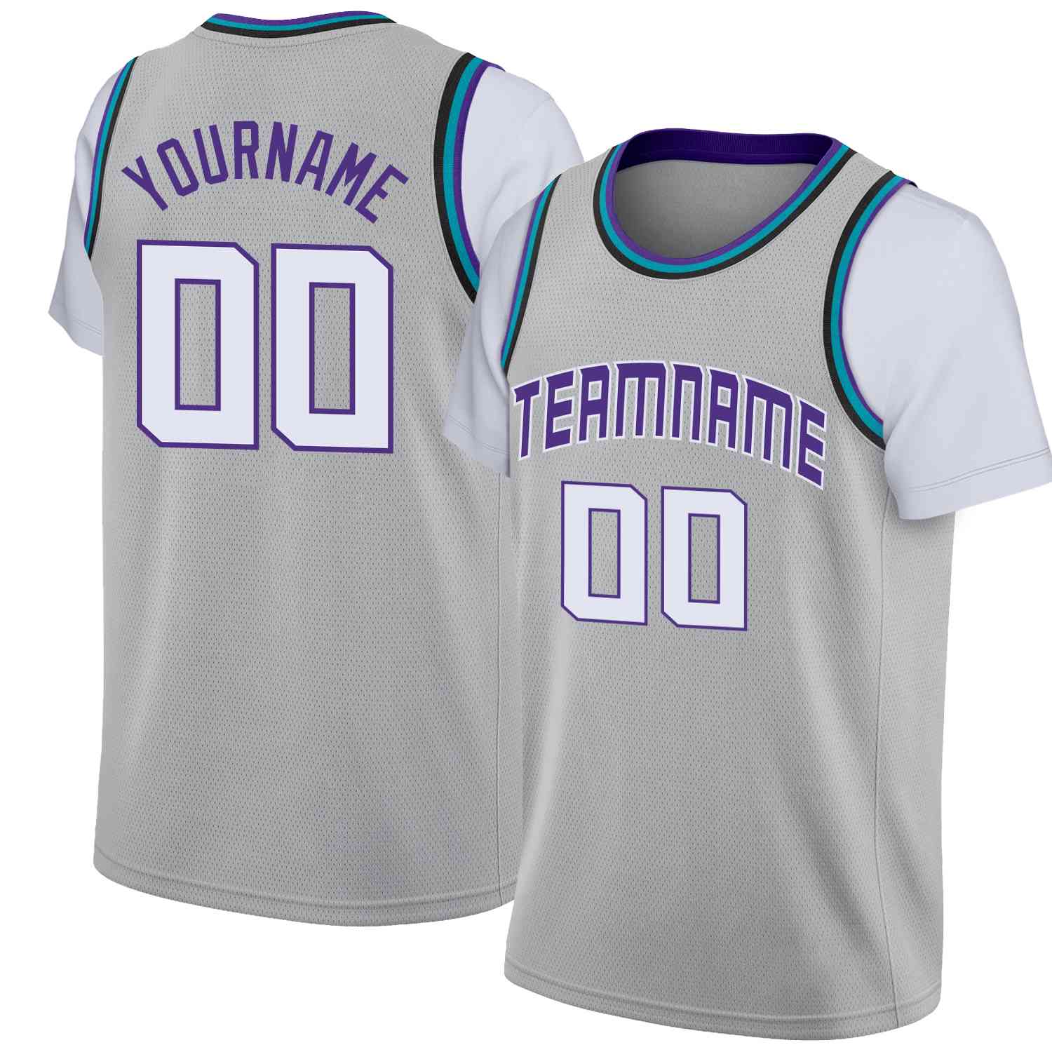 Maillot de basket-ball à fausses manches, haut classique personnalisé gris violet-blanc, décontracté