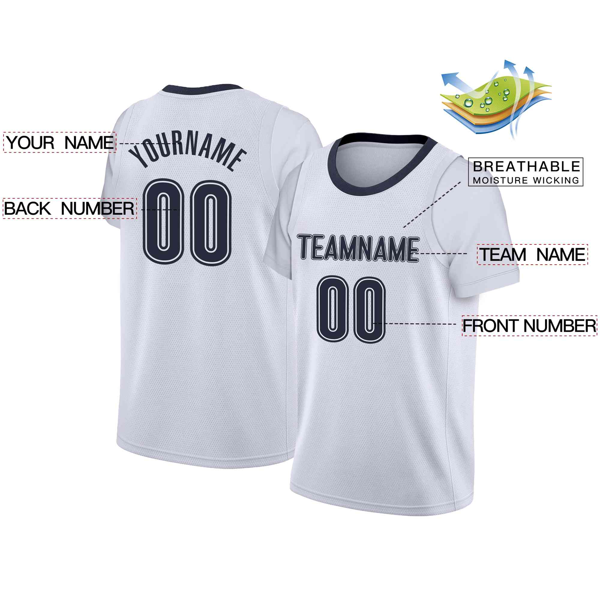 Maillot de basket-ball à fausses manches, haut classique personnalisé de la marine blanche, décontracté