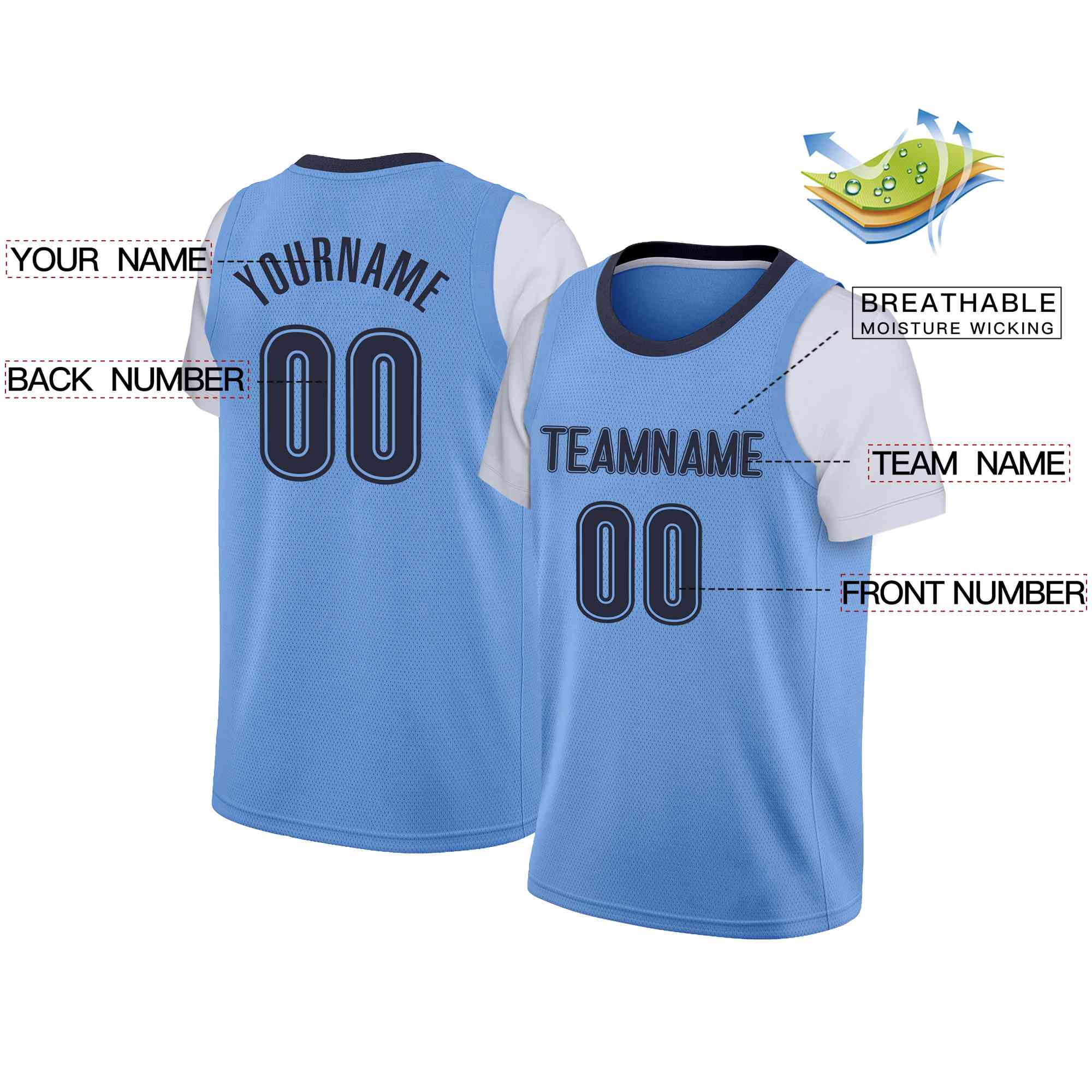 Custom Powder Blue Navy-Powder Blue Classic Tops Casual Fake Sleeve Basketball Jersey