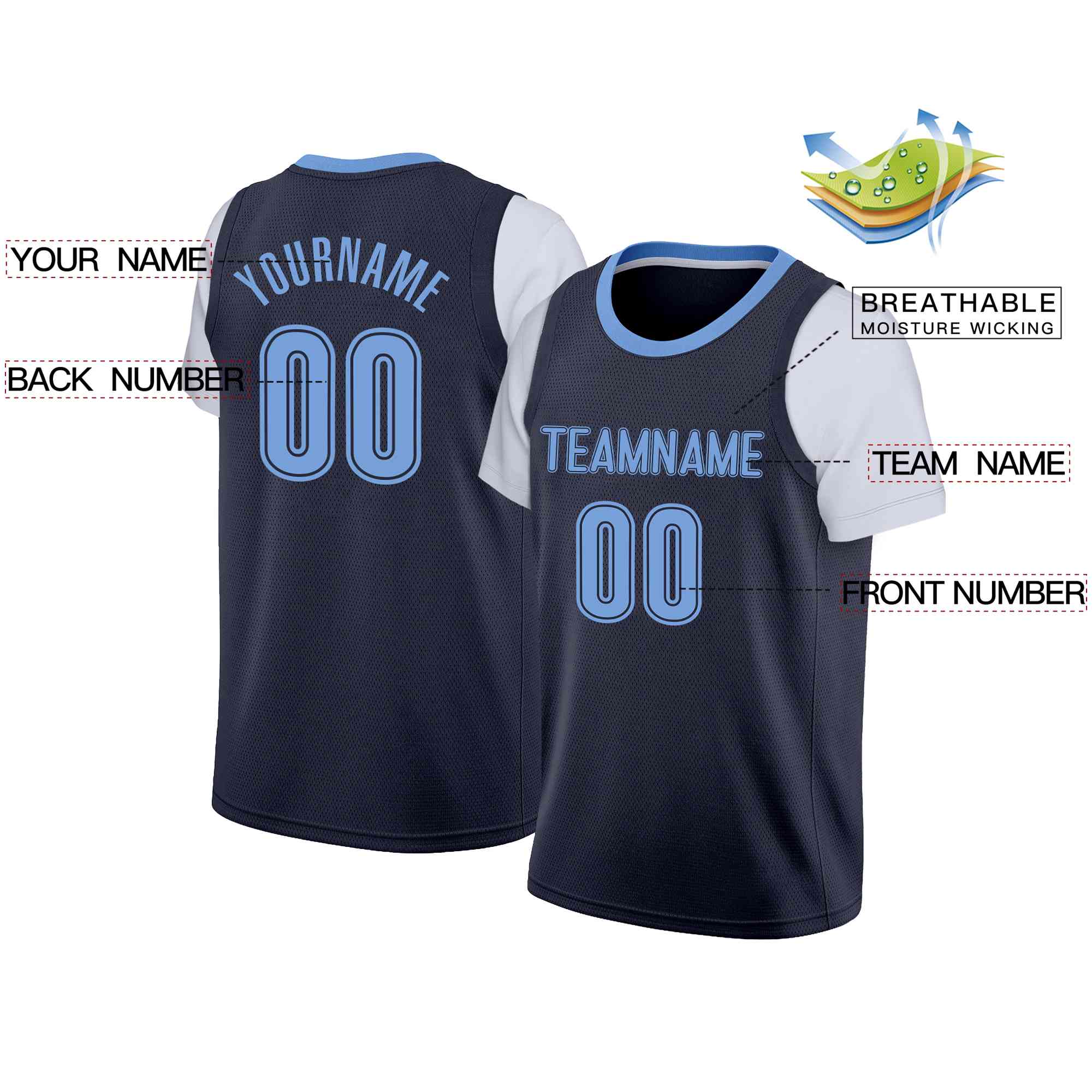 Custom Navy Powder Blue-Navy Classic Tops Casual Fake Sleeve Basketball Jersey