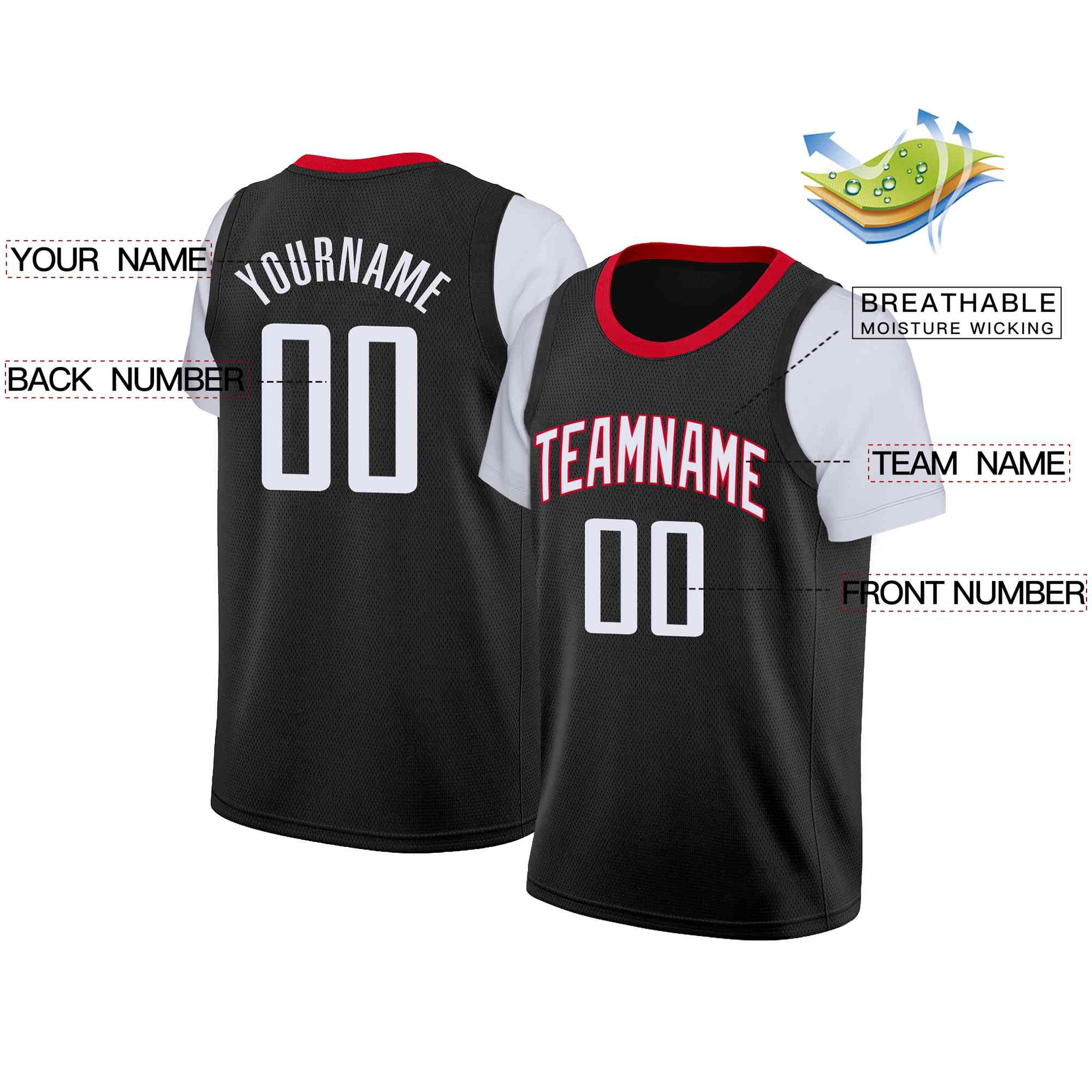 Custom Black White-Red Classic Tops Casual Fake Sleeve Basketball Jersey