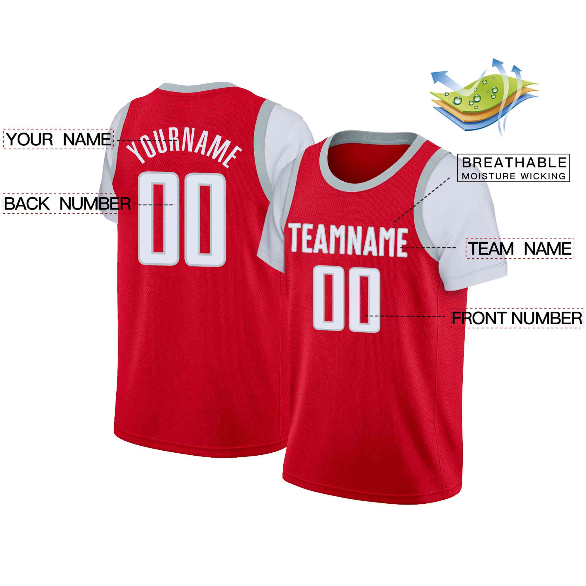 Custom Red White-Gray Classic Tops Casual Fake Sleeve Basketball Jersey