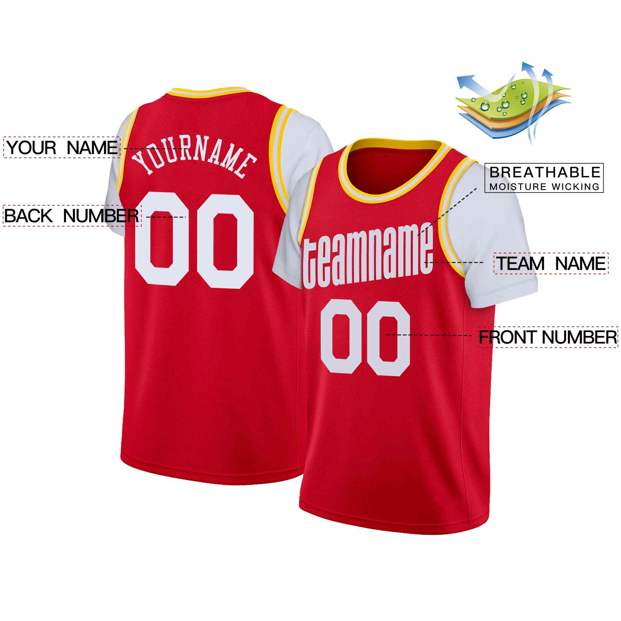 Custom Red White Classic Tops Casual Fake Sleeve Basketball Jersey