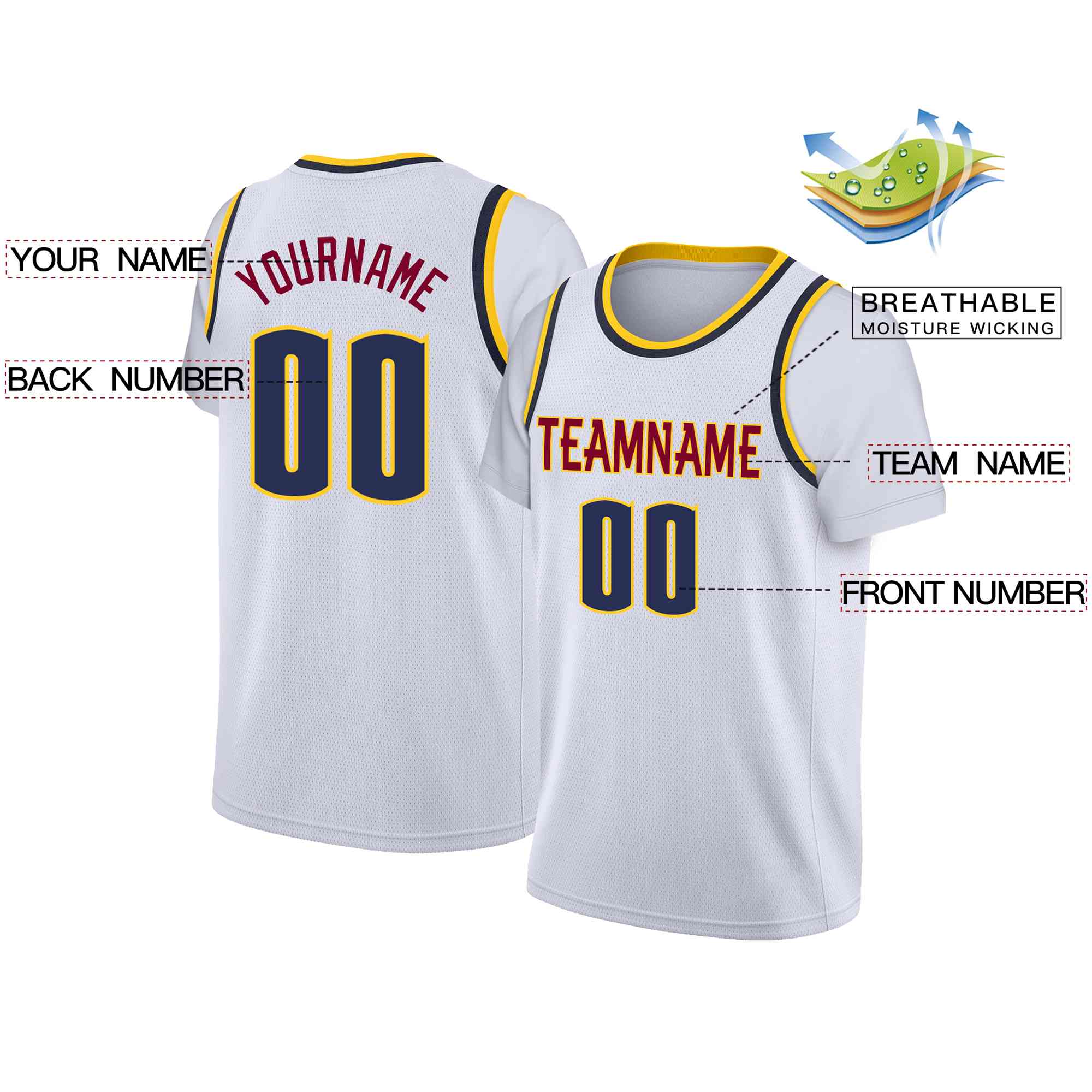 Custom White Red-Yellow Classic Tops Casual Fake Sleeve Basketball Jersey