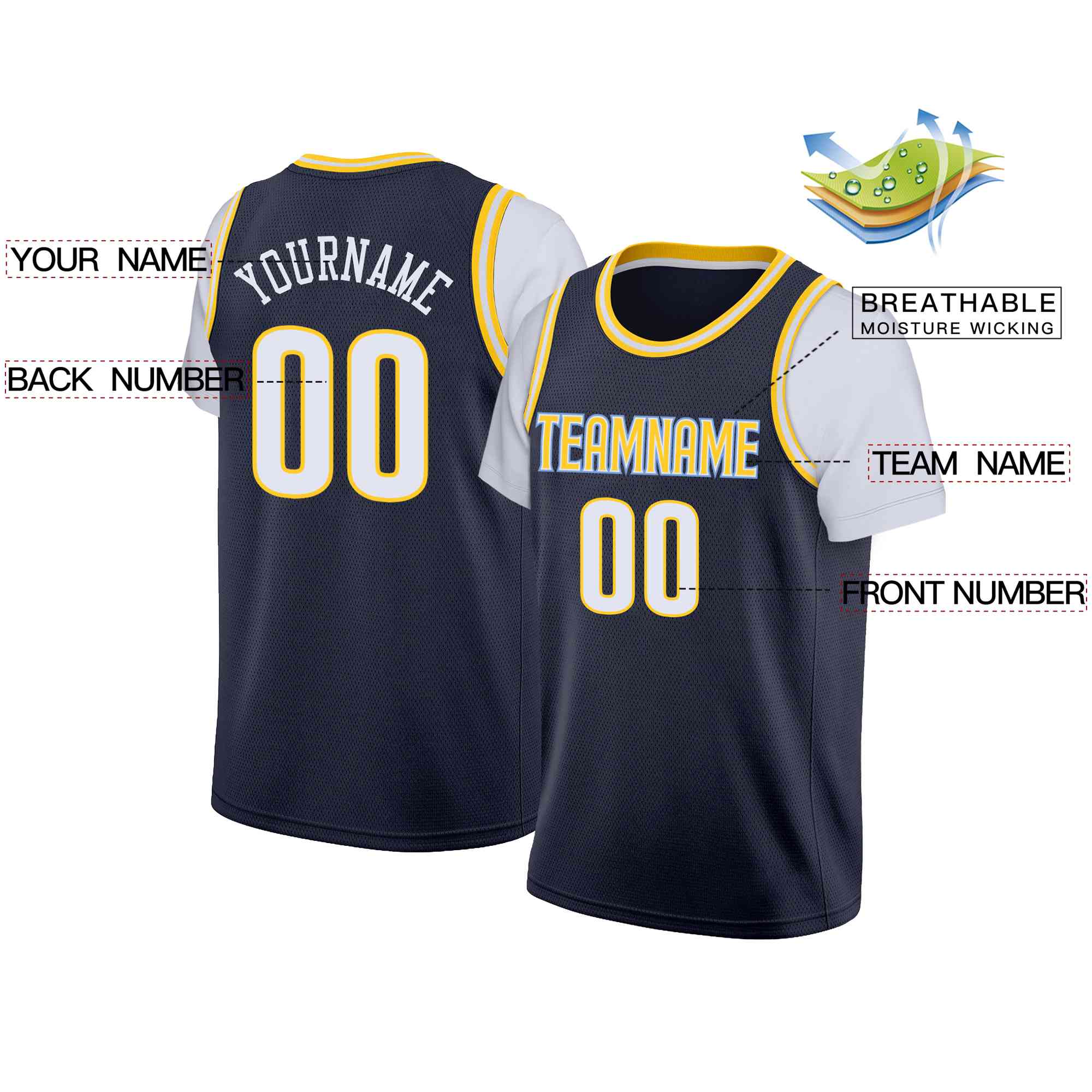 Custom Navy Yellow-Light Blue Classic Tops Casual Fake Sleeve Basketball Jersey