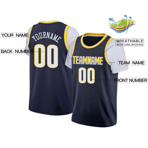 Custom Navy Yellow-Light Blue Classic Tops Casual Fake Sleeve Basketball Jersey