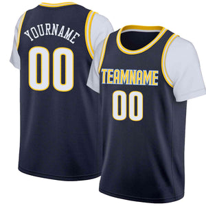 Custom Navy Yellow-Light Blue Classic Tops Casual Fake Sleeve Basketball Jersey