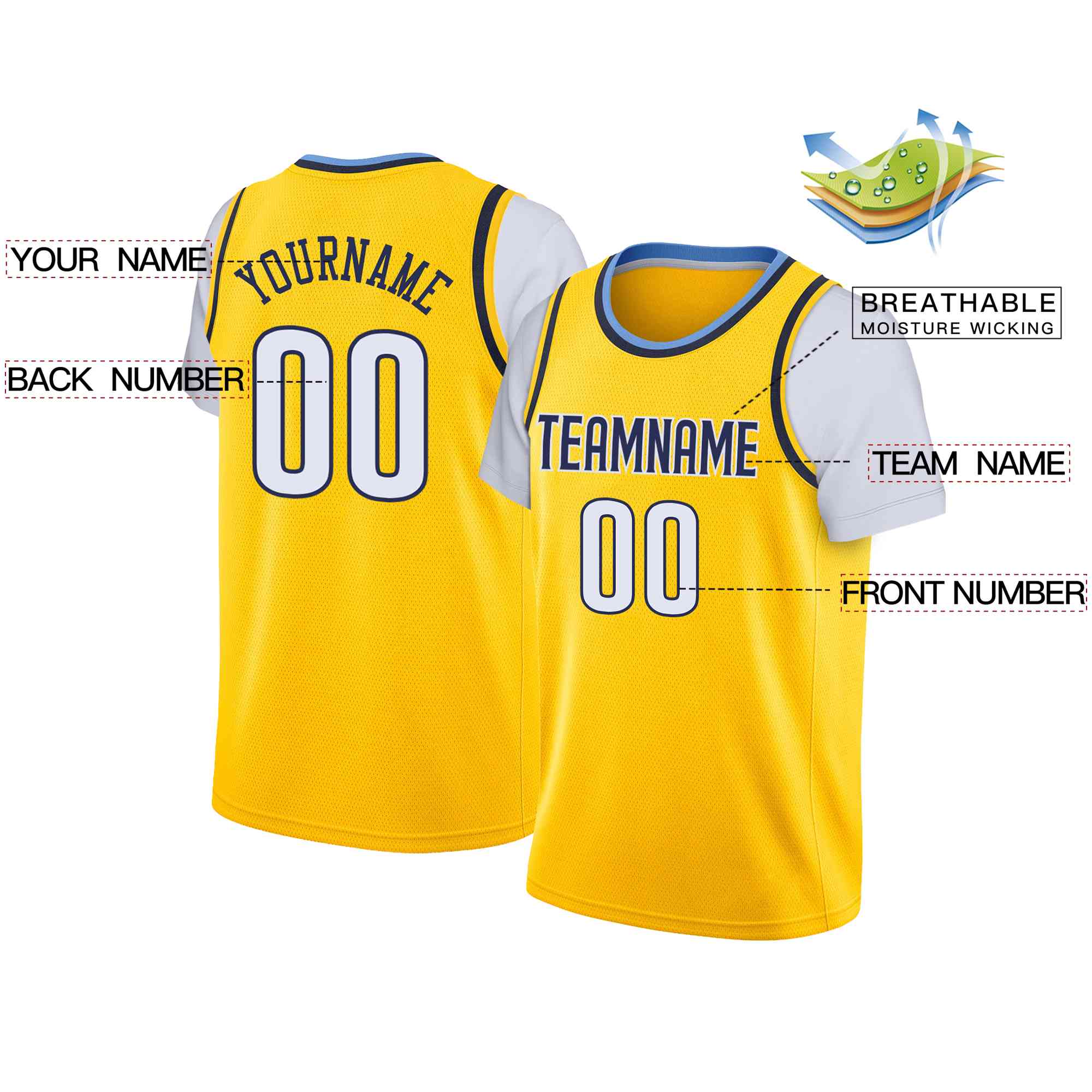 Custom Yellow Navy-White Classic Tops Casual Fake Sleeve Basketball Jersey