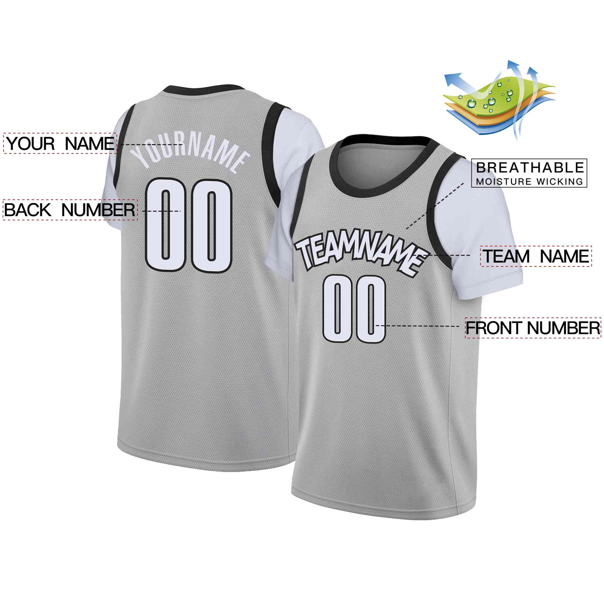 Custom Gray White-Black Classic Tops Casual Fake Sleeve Basketball Jersey